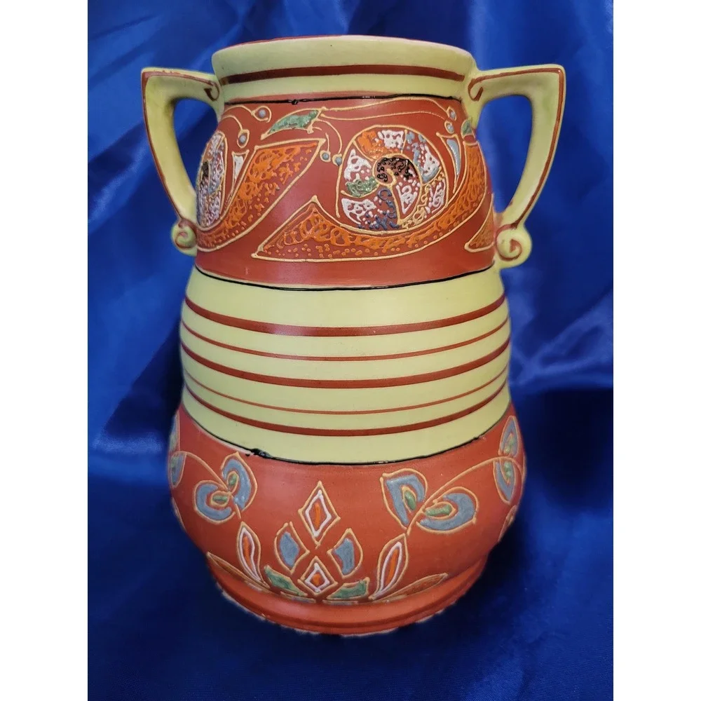 Ceramic Vase, Royal Trico, Two-handled Art Deco Motifs Japan Handpainted Vintage